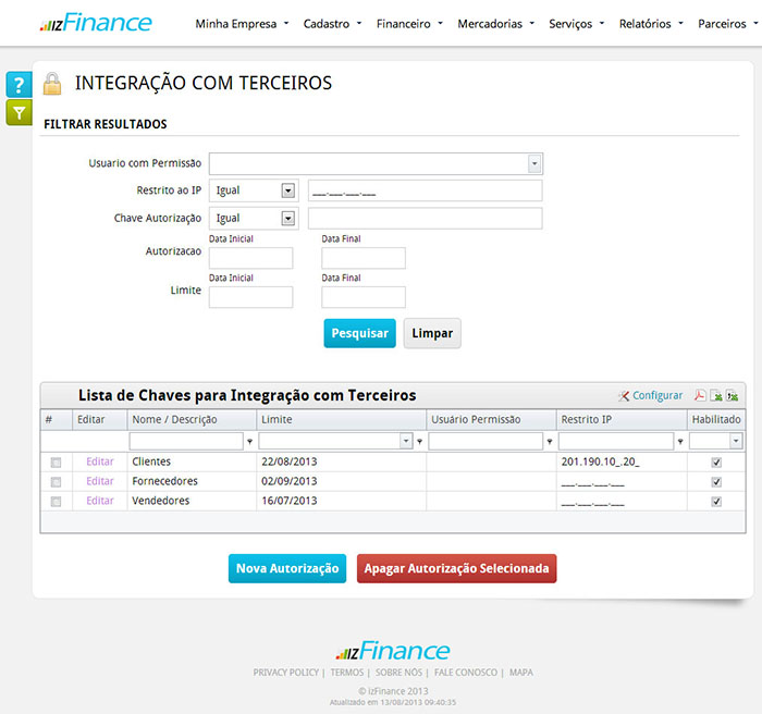 Tela de Integração com Terceiros - Imagem 1