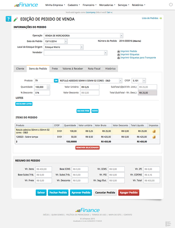 Tela de Pedido de Venda - Imagem 3