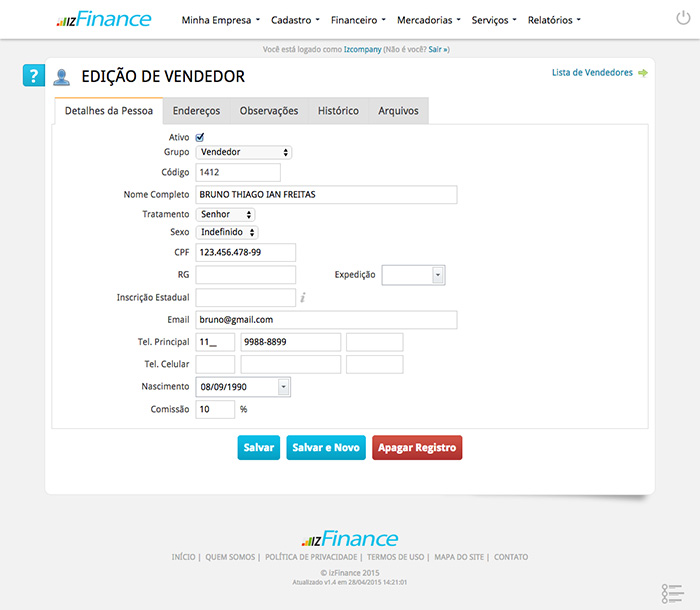 Tela de Cadastro de Vendedores - Imagem 2